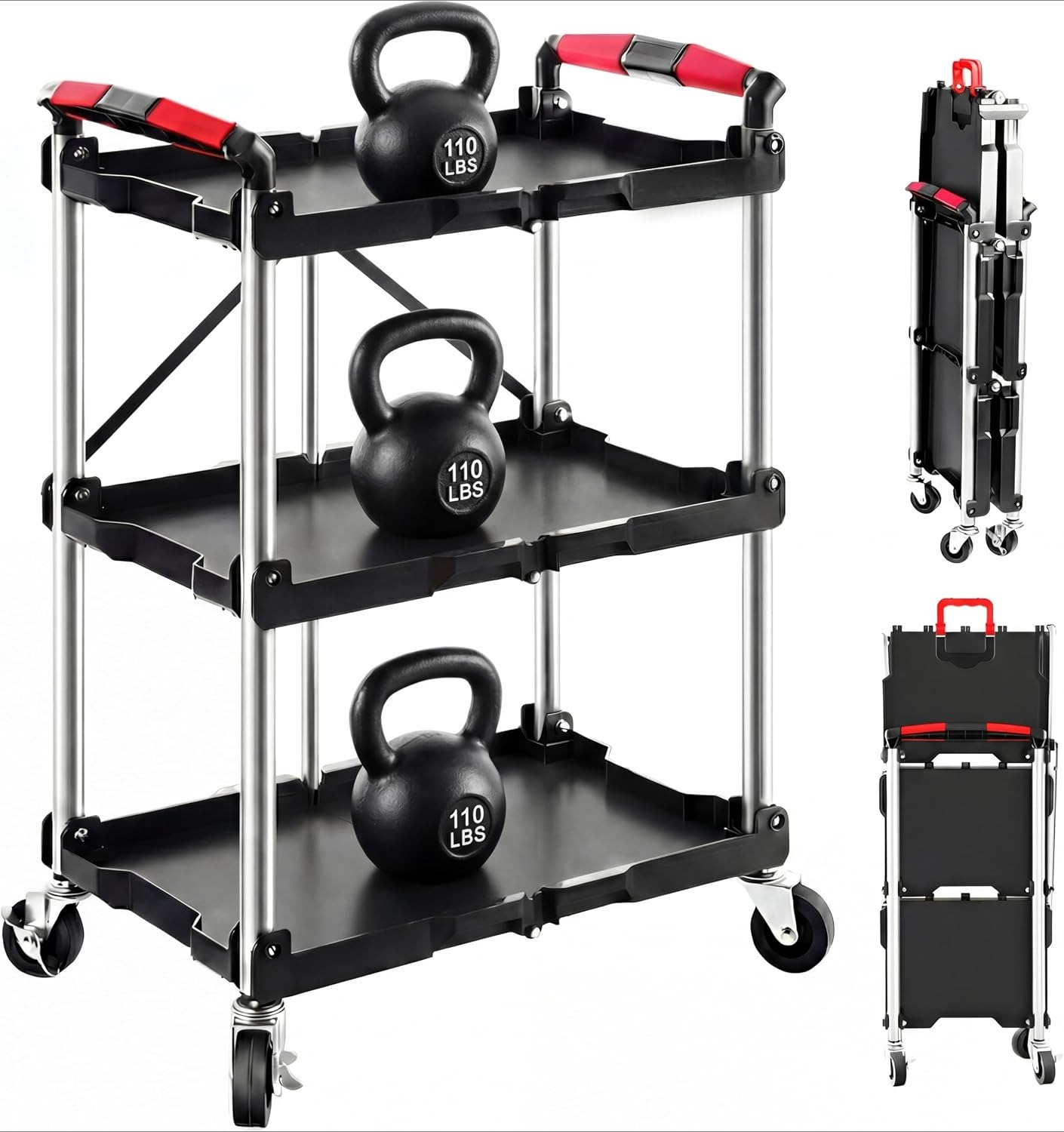 Tools For Garage Workshop - 3-Shelf Foldable Rolling Utility Service Cart